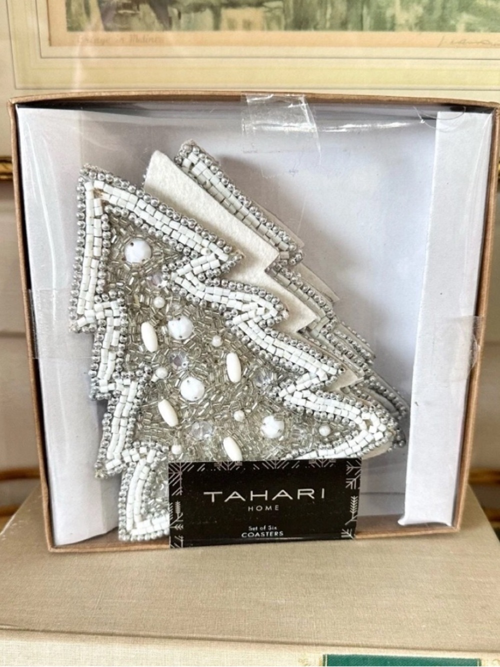Tahari Home 6 White & Silver Beaded Christmas Tree Coasters, Holiday